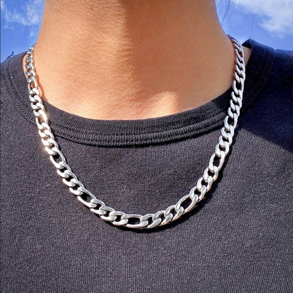 22" 18K White Gold Mens Figaro Chain Link Necklace Guys Authentic Jewelry 18 K